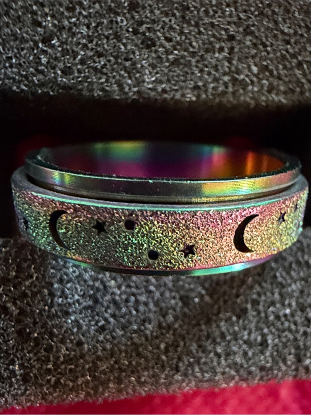 Rainbow Moon & Star Women’s “Spinner” Ring - Iridescent, SZ 8, (J296)